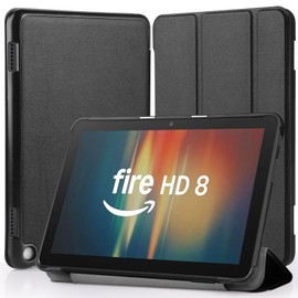 Hianjoo Hülle Kompatibel für Fire HD 8 Tablet (12. /10. Gen, 2024/2022/2020), Ultra Dünn Leder Schutzhülle mit Standfunktion Kompatibel für Fire HD 8/Plus/Kids/Kids Pro Tablet 8 Zoll, Schwarz