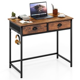 Giantex Small Computer Desk with Fabric Drawers, 36 Inch Home Office Desk with 4 Hanging Hooks & Metal Frame, Space Saving Vanity Table, Study Writing Desk for Living Room Bedroom (Rustic Brown)