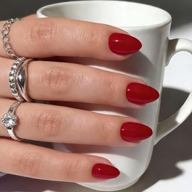 geyakal Red Press on Nails Short Almond Fake Nails Press ons Acrylic False Nails Acrylic Glue on Nails Artificial Stick on Nails for Women Christmas Halloween Valentines Nails Decorations 24 Pcs