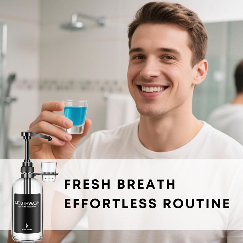 Onsogi Clear Glass Mouthwash Dispenser with Black Cup Holder and
