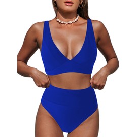 Hilinker - Traje de baño de bikini de leopardo para mujer, cuello en V, cintura alta, 2 piezas, Azul Real, M