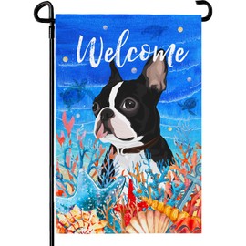 Dacawin Welcome Summer Garden Flag Bulldog Blue Water Colorful Sea Star Coral Shell Pool Banner Sea Turtle Black White Dog Swimming Parties Seasonal Holiday Vacation Beach Sunshine Decor 12x18 Inch