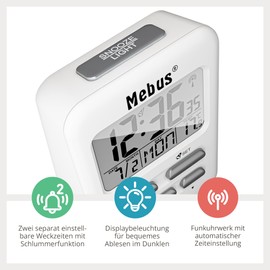 MEBUS Radio-Controlled Alarm Clock with Temperature Display in Travel Size, Radio-Controlled Clock (DCF77), Two Alarm Times, Alarm with Alarm Repeat (Snooze), Date, Day of the Week, Display Lighting, Colour: White, Model: 25800