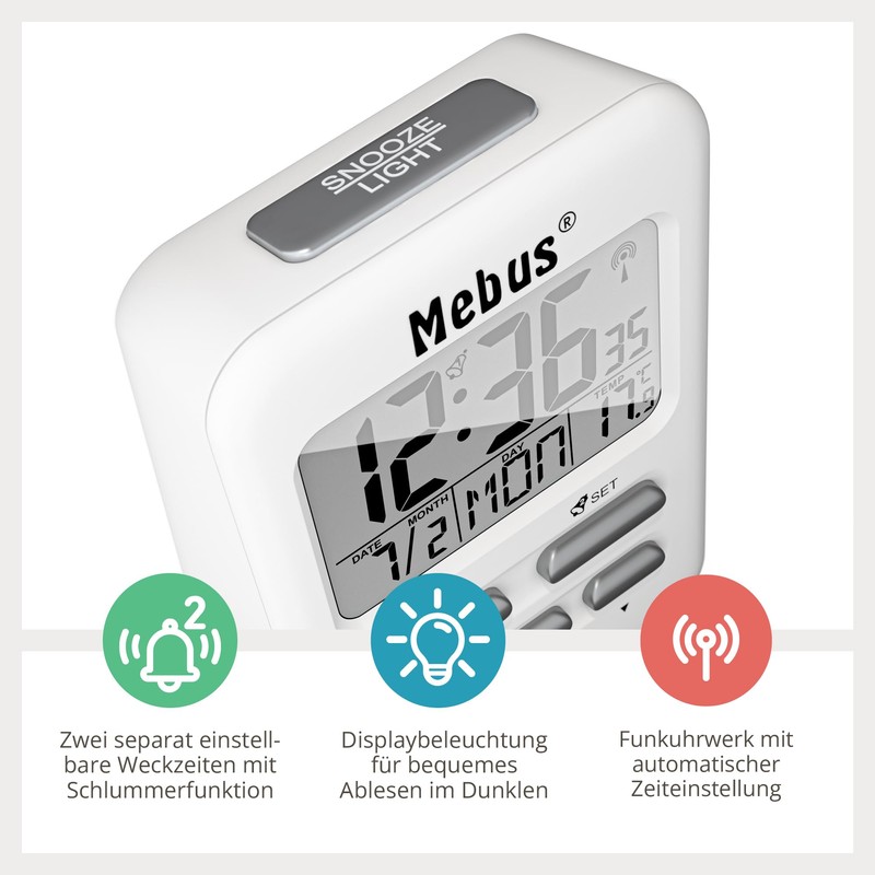 MEBUS Radio-Controlled Alarm Clock with Temperature Display in Travel Size,