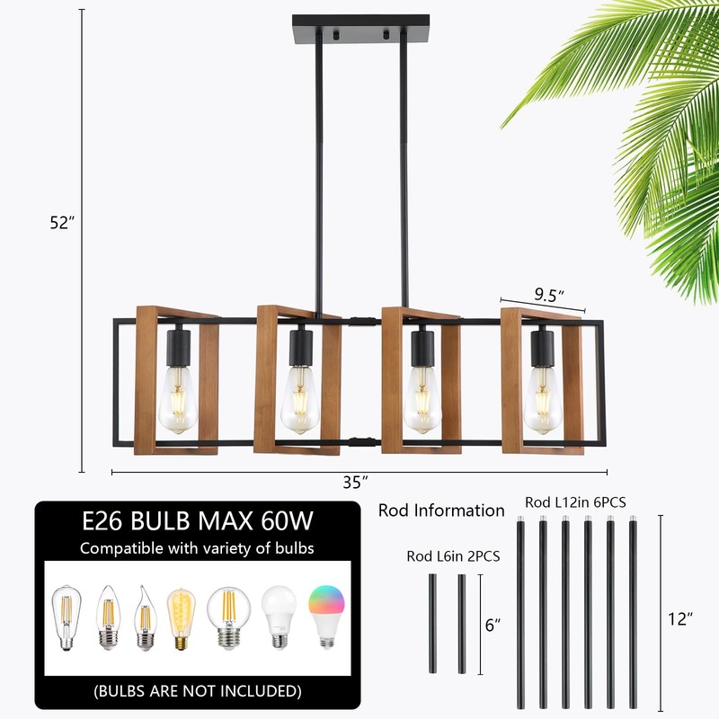 35.4" Kitchen Island Lighting,4 - Light Dining Room Farmhouse Chandelier,Black