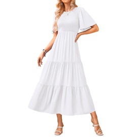KIRUNDO White Dresses Women 2025 Summer Short Sleeve A Line Flowy Smocked Midi Dress Casual Vacation Crew Neck Ruffle Tiered Beach Sundress (Medium, White)