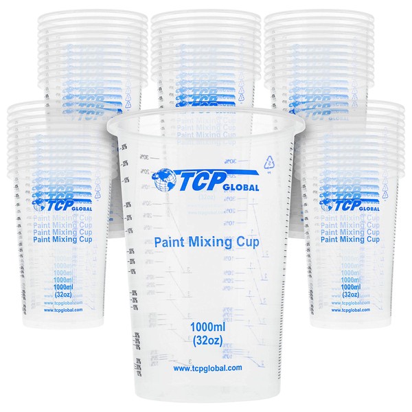 TCP Global 32 Ounce (1000ml) Disposable Flexible Clear Graduated Plastic Mixing Cups - Box of 50 Cups - Use for Paint, Resin, Epoxy, Art, Kitchen, Cooking, Baking - Measuring Ratios 2-1, 3-1, 4-1, ML