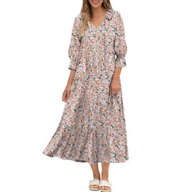 ANRABESS Women Boho Floral Maxi Dresses Summer Puff Sleeve V Neck Beach Swing Casual Flowy Tiered Dress Floral Orange White Large
