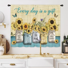 Miyotaa Rustic Farmhouse Sunflower Kitchen Window Curtains 2 Panels 27.5W x 39H Rod Pocket Quotes Inspirational Motivational Positive Yellow Teal Small Short Door Decor Bathroom Drapery Treatment