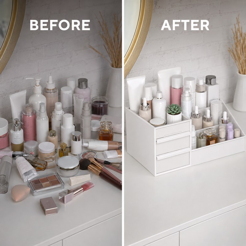 White Plastic Makeup Organizer with Drawers and Compartments