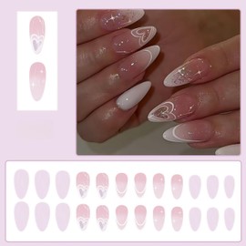 24Pcs Valentine's Press on Nails Medium Long Almond Fake Nails with White Hollow Heart Designs Pink White Ombre Full Cover Glue on Nails Rose Gold Glitter Heart Full Cover False Nails for Women