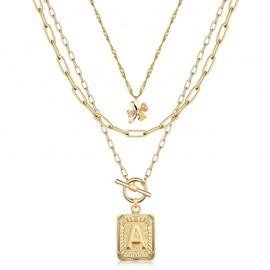 MJartoria Layered Initial Necklaces for Women Trendy, 14K Gold Plated Simple Clover Choker Square Letter Pendant Necklace, Paperclip Chain Necklace, Gold Necklaces Jewelry Gifts (A., Gold)
