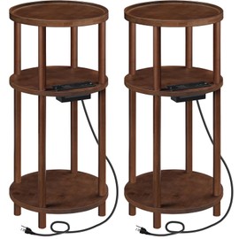 HOOBRO Set of 2 Small Round Side Tables with Charging Station, 3-Tier Round Bamboo End Tables, Compact Sofa Bedside Tables, Easy Assembly, for Living Room, Bedroom, Apartment, Mocha MA152UBZP201