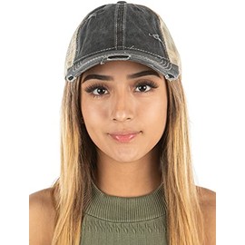 Distressed Trucker Hat - Washed Black/Beige Mesh