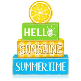 TOMPOP 4 Pcs Summer Lemon Decor Wooden Tiered Tray Sign, Farmhouse Rustic Lemon Table Decor Book Stack Block Hello Sunshine Summer Decorations for Home Office Kitchen Mantel Shelf