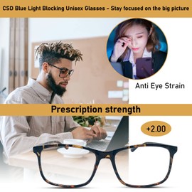CSD Blue Light Blocking Reading Glasses - Durable Eyewear - Unisex Eyeglasses for Computer Screen Reading TV Phone - Eases Digital Eye Strain & Dry Eyes (Demi) +2.00