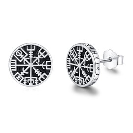 Black Stud Earrings for Men,925 Sterling Silver Myths Legends Studs Roud Black Earrings Mens Jewelry Celtic Studs Viking Runes Earrings Gift for Men Women 10mm, Sterling Silver, sterling silver