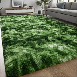 Larhom Fluffy Shag Area Rug, 5x8 Feet Dark Green Tie-Dyed Shaggy Fuzzy Carpets for Living Room, Ultra Soft Plush Rugs for Bedroom, Girls Kids Room, Nursery Dorm, Non-Slip