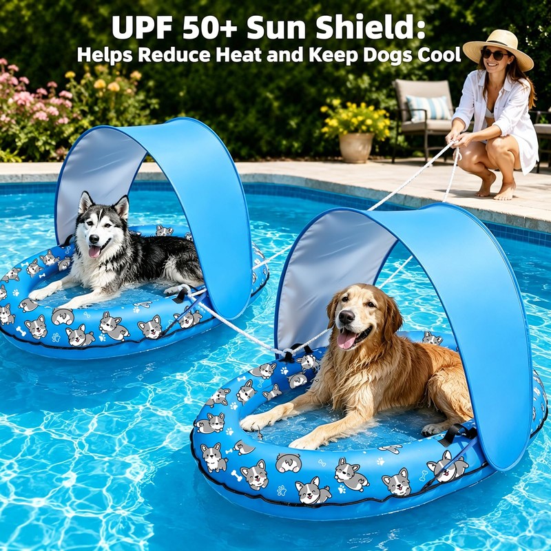 55 x 35 Inch Inflatable Dog Pool Float with Sunshade
