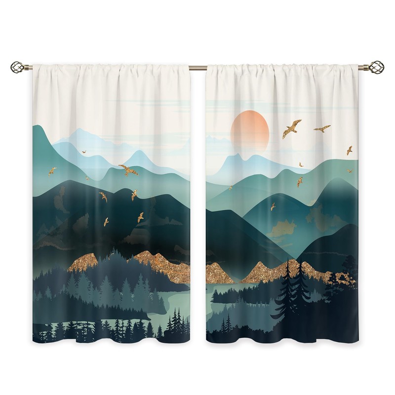 oolygoo Black Grey Misty Forest Small Kitchen Curtains Tree Mountain