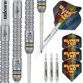 Unicorn Steel Tip Darts Set | Ted 'Super Ted' Evetts Phase 2 | 90% Natural Tungsten Barrels with Blue Red & Yellow Accents & Laser Etched Autograph | 23 g