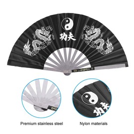 RiToEasysports Tai Chi Fighting Fan, Stainless Steel Hand Folding Fan, Kung Fu Power Compartments for Men and Women Performance (Black)