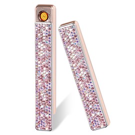 Electric Lighter, Luxury Bling Rhinestone Type-C Rechargeable Lighter with Pull-Out Ignition, Windproof Flameless Thickened Tungsten Ignition Electronic Lighter for Girls,Women Gifts-Pink