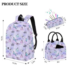 Butterfly Printed Backpack Set for Girls Kids, 3Pcs Bookbag with Pencil Case for school, 17 Inch Lightweight Laptop Backpack with Lunch Bag for Women Teens Office, High School
