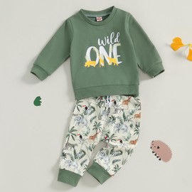 Carolilly Toddler Baby Boys First Birthday Outfits Long Sleeve Sweatshirt Pullover Letter Print Birthday Boy+Animal Print Pants 2PCs Baby Boys Clothing Sets Birthday Gift (Green, 12-18 Months)