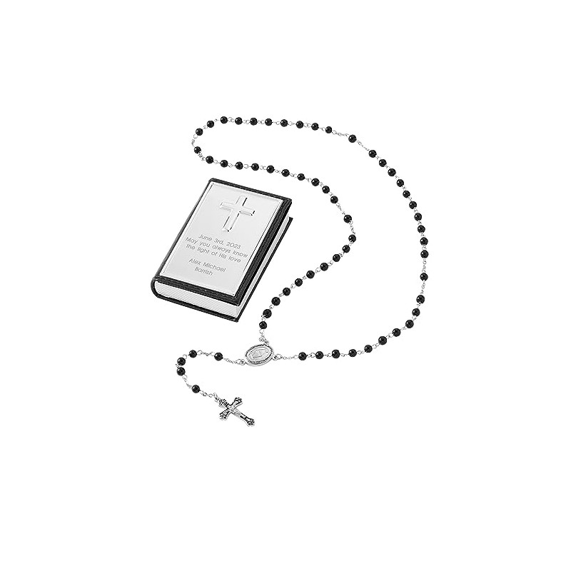 THINGS REMEMBERED First Communion Black Rosary and Engraved Keepsake Box