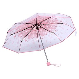 Vikye Umbrella, 1 x Transparent Folding Umbrella, Fashionable Princess Umbrella with Romantic Cherry Blossom Pattern, pink