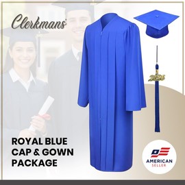 CLERKMANS Royal Blue Cap & Gown & Tassel Package - High School Graduation Cap And Gown Set – Matte Fabric 45XL (5'0"-5'2")