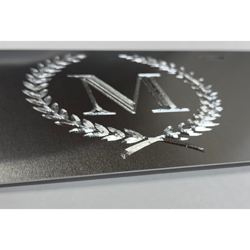 Silver Monogram Crest Car Tag Diamond Etched Engraved .040 Aluminum
