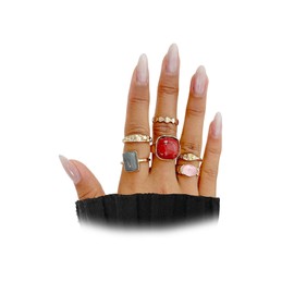 Navirix Chunky Gold Ring Set for Women Red Enamel Candy Statement Ring Vintage Unique Stacking Open Midi Finger Jewelry (Gold)