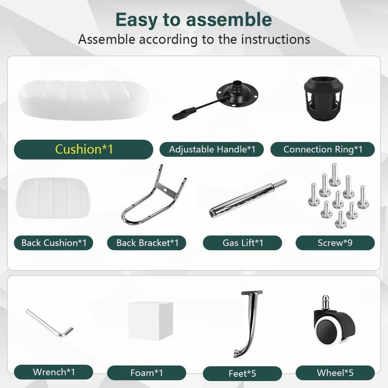 BFTOU White Square Swivel Stool with Wheel for Work SPA