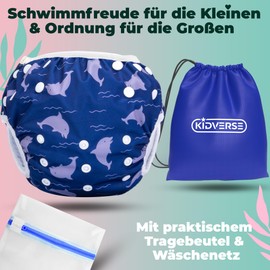 KIDVERSE Swimming Nappy Baby Swimming Trunks 0-3 Years - Skin-Friendly Swim Nappies Reusable & Absorbent - Size Adjustable Swimming Nappy Baby Swimming Trunks Including Carry Bag & Laundry Net