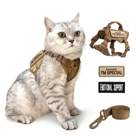 Tactical Cat Harness and Leash Khaki for Walking Esacpe Proof, Adjustable Soft Mesh Large Cat Vest with Handle Easy to Control,Molle Patches L