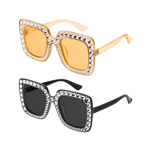 Frienda 2 Pieces Oversize Square Sparkling Sunglasses Retro Thick Frame