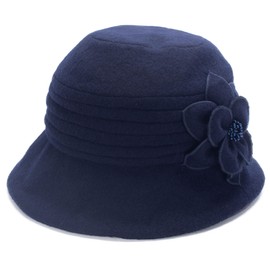 Women Elegant Classic Ladies Soft Wool Cloche Bucket Floral Winter Cap Hat A299 (Navy Blue)