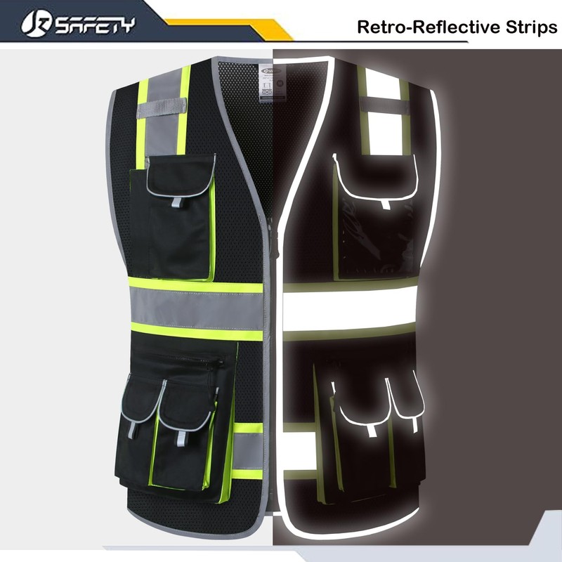 JKSafety 10 Pockets Hi-Vis Neon Color Frontal Zipper Mesh Safety