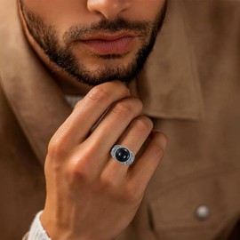 QKABTI Men's Tree of Life Ring, 925 Sterling Silver Round Black Onyx Vintage Band, Mystic Symbolism Jewelry Gift for Men (Size 9)