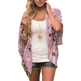 Chunoy Women Casual Floral Short Puff Sleeve Chiffon Kimono Cardigan Beach Wear Shawl Blouse Top Pink Small