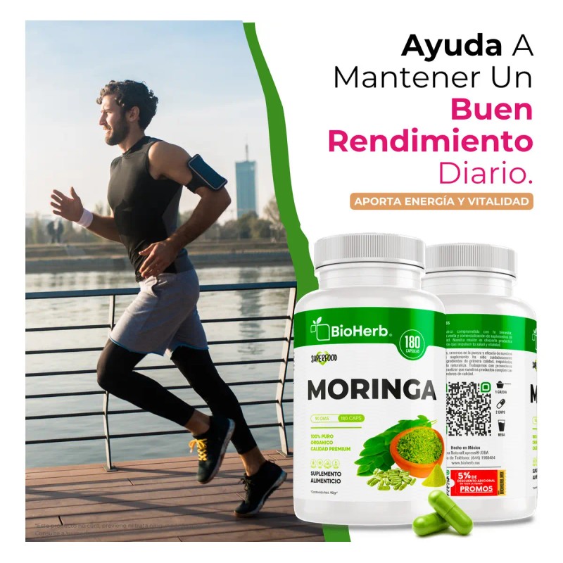 Bioherb Moringa 100 Pura Extremadamente Eficaz 180 Cápsulas 500 Potente