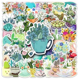 50 Pcs Tea Cup Plant Stickers Cute Waterproof Aesthetic Flower Stickers for Laptop Water Bottle Skateboard Luggage Scrapbook Bumper Car Bike Guitar Notebook,Vinyl Funny Sticker for Adult Teens