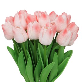 XUIEAAHSU 20pcs Pink Tulips Artificial Flowers Faux Tulips Bulk Real Touch PU Fake Tulips Arrangement Bouquet Decoration for Home Office Easter Spring Wedding Party Grave,Gift for Mothers Day (Pink)