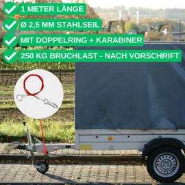 Trailer Breakaway Rope, 1 Set 1 Metre x Diameter 2.5 mm Steel Cable with Carabiner and Double Ring, 250 kg Breaking Load, in Red, for All Types of Braked Trailers and Caravans, Coated Catch Rope AHK