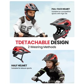 OutdoorMaster Kids Full Face Helmet - Adjustable Toddler Bike Helmet with Detachable Chin Pad - Suitable for Mountain & Road Cycling - Red, XS