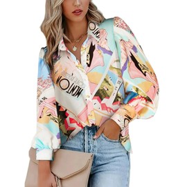 Zeagoo Womens Long Sleeve Blouse Fashion Button Puff Sleeve Shirts Cute Patterned Blouse Casual Small