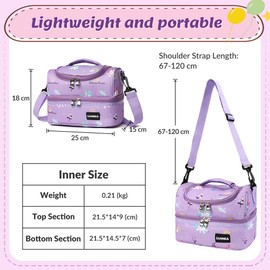 AUTOWT Lunch Box Bag for Kids, Insulated Double Compartments Toddler Children Cooler Bag Note with Detachable Shoulders Strap for Boys & Girls School Picnic Daycare Kindergarten (Purple Unicorn)