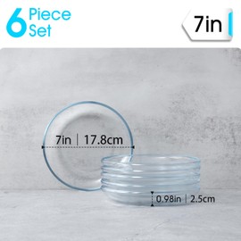 NUTRIUPS 6 Pack 7in Small Glass Plates, Clear Glass Plates, Tempered Glass Plates Set of 6, Glass Dessert Plates, Glass Serving Dinnerware, Dishwasher & Microwave Safe